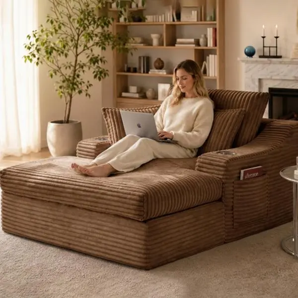 Oversized Chaise Lounge Chair Indoor, Upholstered Sleeper Sofa Bed, Boneless Reading Chair with Cup Holders & Pillows,Deep Seat Corduroy Cloud Sofa for Living Room, No Assembly, Brown