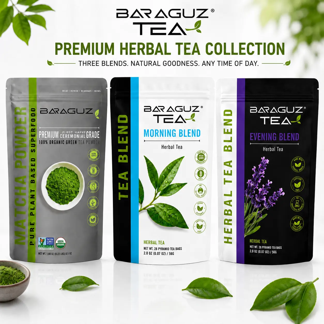 Premium all Day Natural Herbal teal  Bundle,  Day Herbal Tea+ Night Herbal tea + Ceremonial Matcha Powder