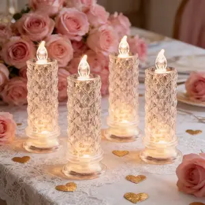 Four transparent acrylic electronic candle lights featuring crystal-clear, twinkling LEDs. Battery-powered, these romantic and creative Mother’s Day table decorations are perfect for parties, birthdays, weddings, and all kinds of celebrations.