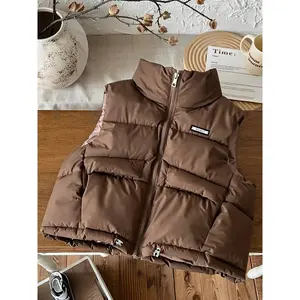 Girls' Winter Vest Coat with Collar & Full-Zip Closure - Short-Length Loose Fit Insulated Outerwear, Polyester-Filled Warmth, Decorative Metal Accent & Letter Pattern - Casual Cold Weather Jacket Everyday & Occasions