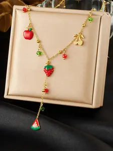 1Pcs Stainless Steel Strawberry Watermelon Apple Pendant Necklace Lady New Trendy Neck Chain Waterproof Jewelry Gift