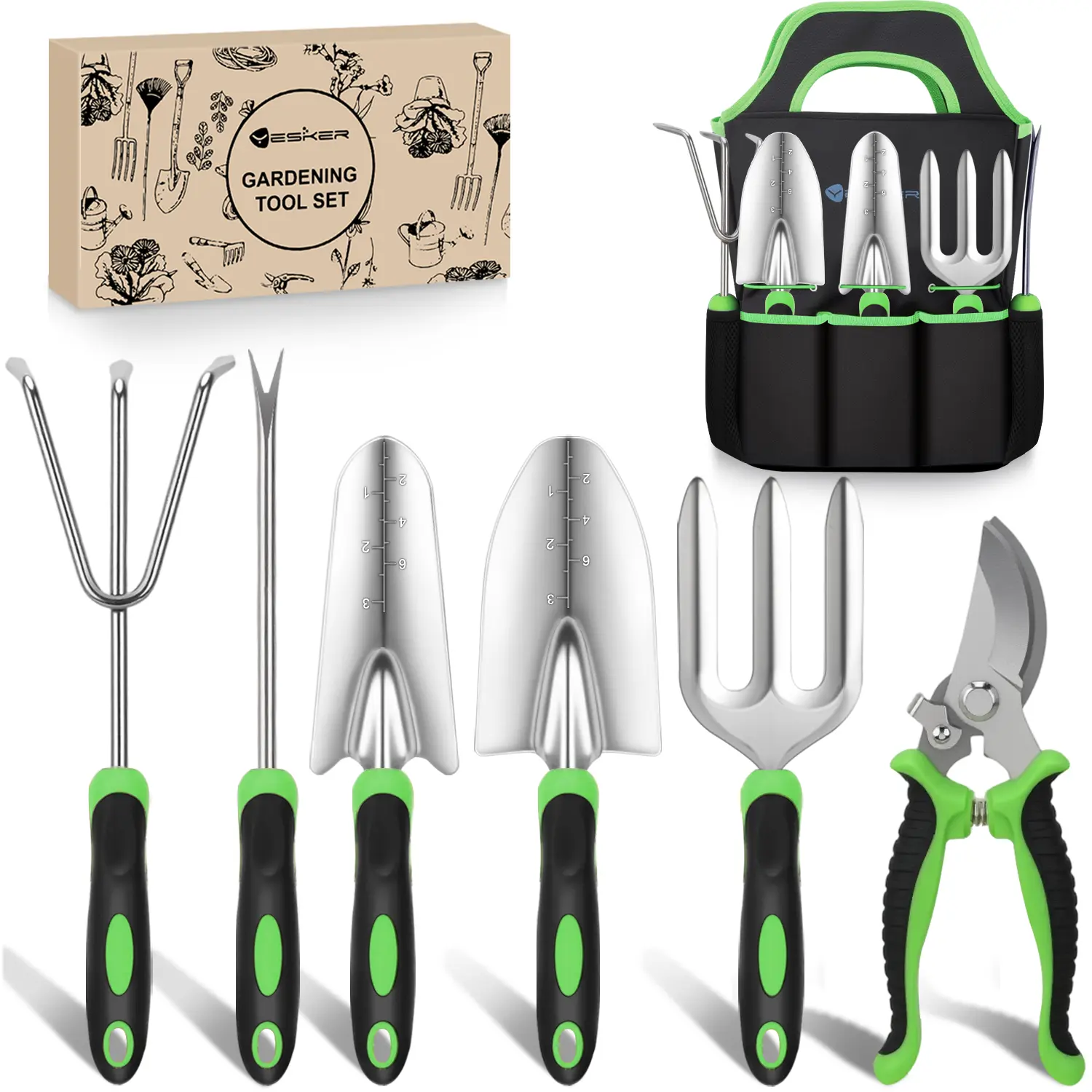 Nilight Gardening Tools 7-Piece Heavy Duty Garden Tool Set Gardening Supplies Gifts for Women Men Gardening Hand Tool Kit with Non-Slip Ergonomic Handle, Durable Garden Bag, Pruning Shears, Black Green Rake Metal