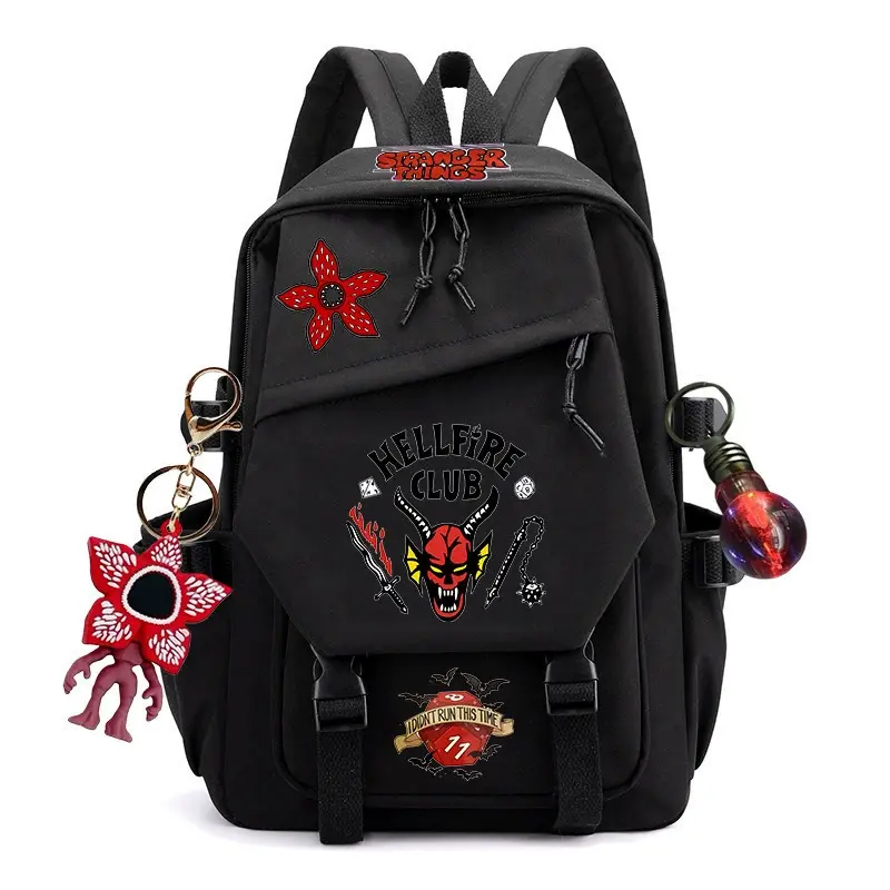 Stranger Things Printed Backpack, Retro Horror Themed Printed Backpack, Multi Pocket Casual Travel Daypack, Outdoor Carry On Backpack With Decor Pendant