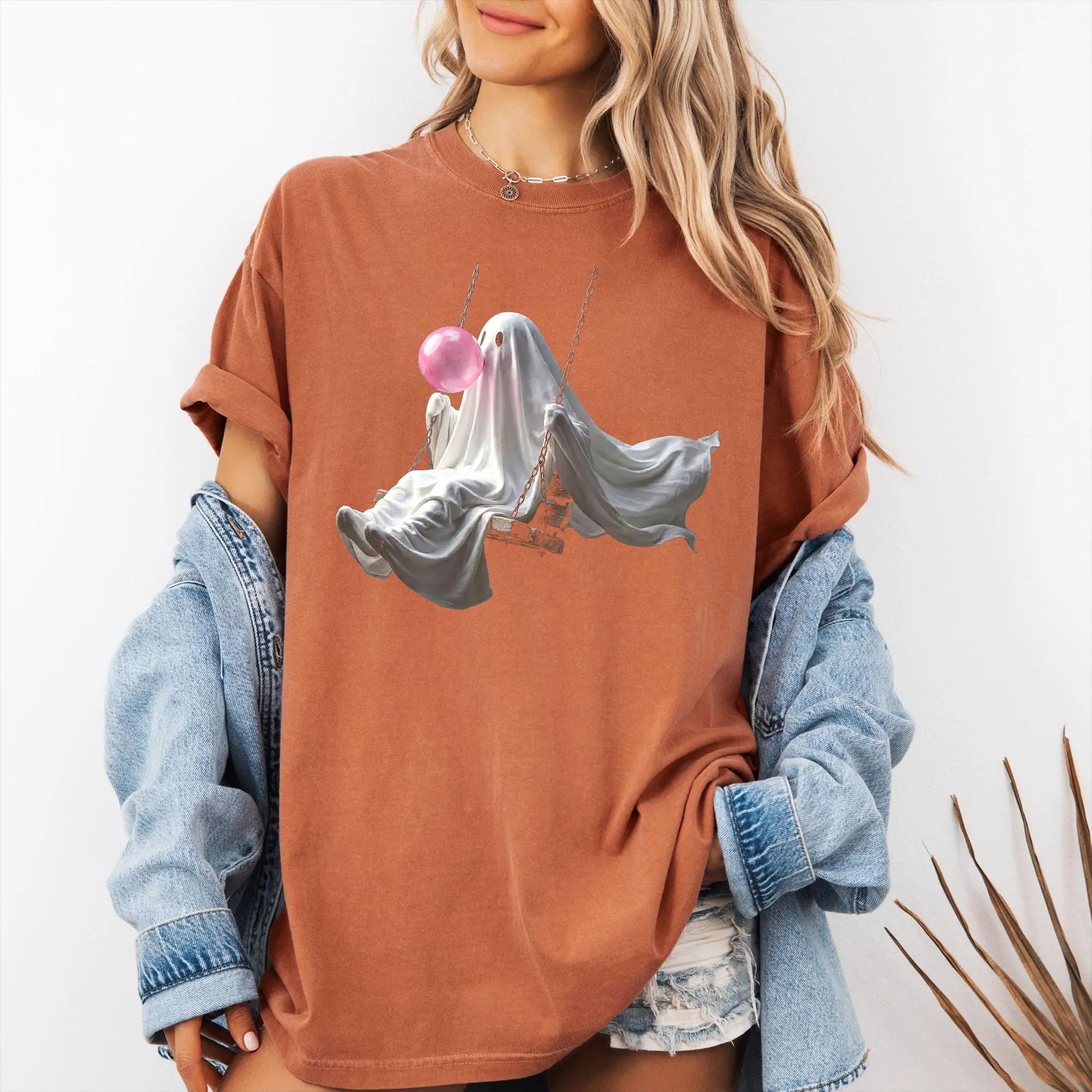 Comfort Colors Cute Ghost Swing Shirt, Bubble Gum Ghost Halloween Tee, Spooky Aesthetic Graphic Shirt, Fall Gift for Women
