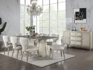Acme DN02011-7PC 7 pc Kasa champagne finish wood stone top grey linen fabric dining table set
