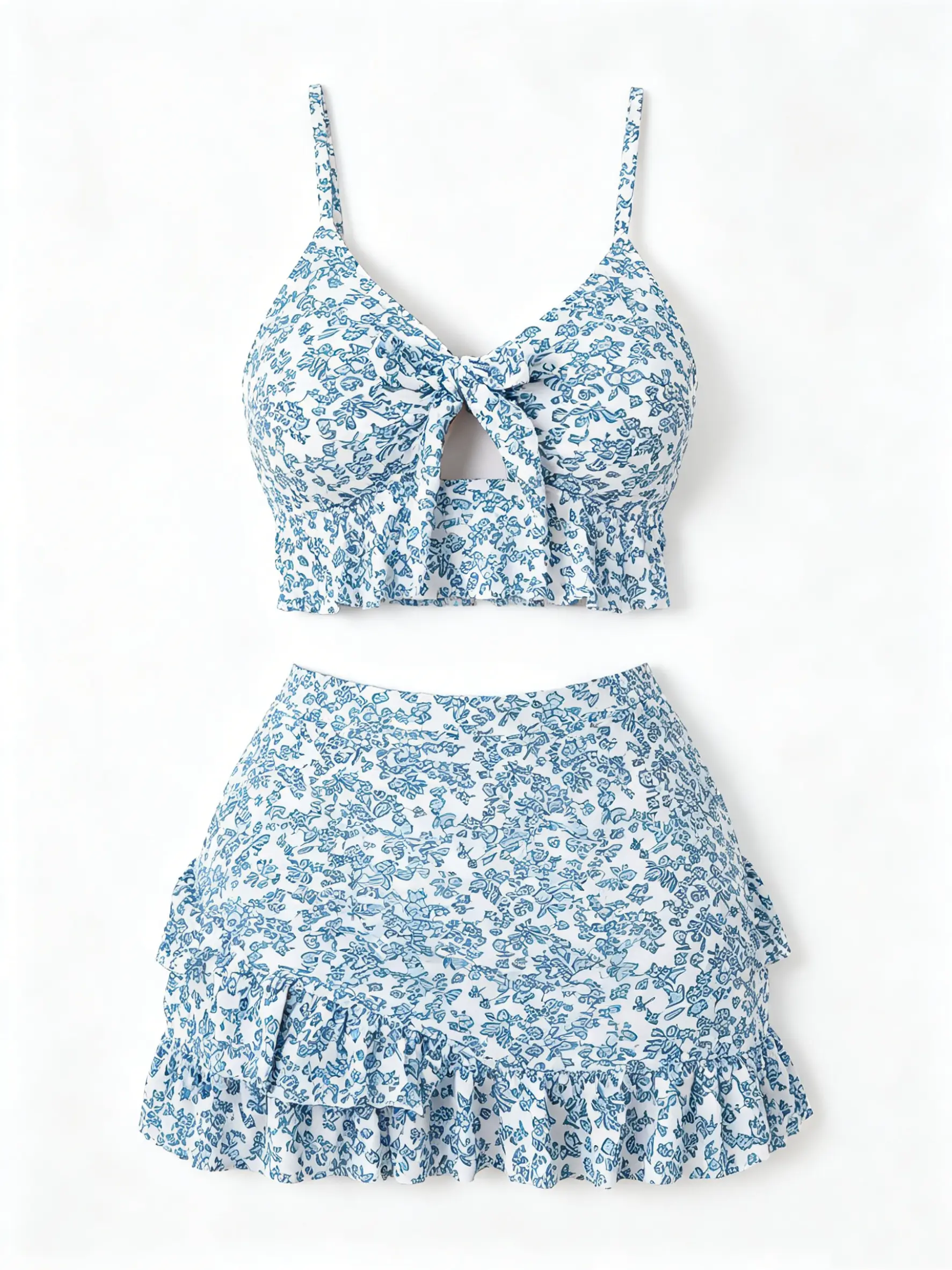 3-Piece Floral Bikini Set, V-Neck Tie-Front Ruffle Crop Top, High-Waist Bottoms & Skirt, Trendy Summer Beachwear for Women