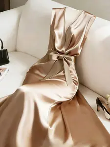 Women's Luxury Champagne Satin V-Neck Dress, Cinched Waist Formal Gown, Deep V Neck Long Dress For Daily Occasions And Dates