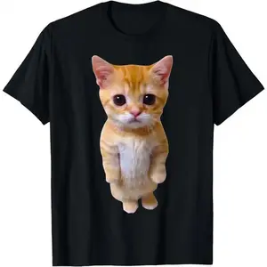 Men's Casual Cotton Short-Sleeve Round Neck T-Shirt, Natural Menswear Top, Funny El Gato Meme Sad Crying Munchkin Kitty Graphic Tee, 90s Trendy Day Wear Gift