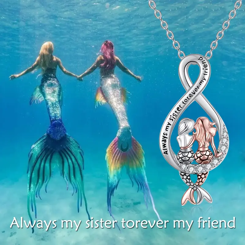 Women's 925 Sterling Silver Platinum-Plated Elegant Infinity Mermaid Necklace with Moonstone Accent, 'Always My Sister Forever My Friend' Sister Gift for Adults, All Fit, Daily Wear, Gift-Ready