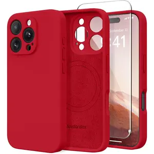 Magnetic for Iphone 16 Pro Max Case, Compatible with Magsafe, [Full Camera Protection][Screen Protector] Silicone Shockproof Protective Phone Case for Iphone 16 Pro Max 6.9", Deep Red SuydanBox