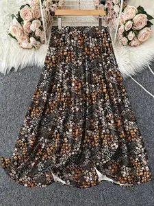 Women's Fashion Plus Size Elegant Boho Ditsy Floral Print, Loose Knit Vacation Casual Midi Skirt, Comfortable and Stylish Summer Dress