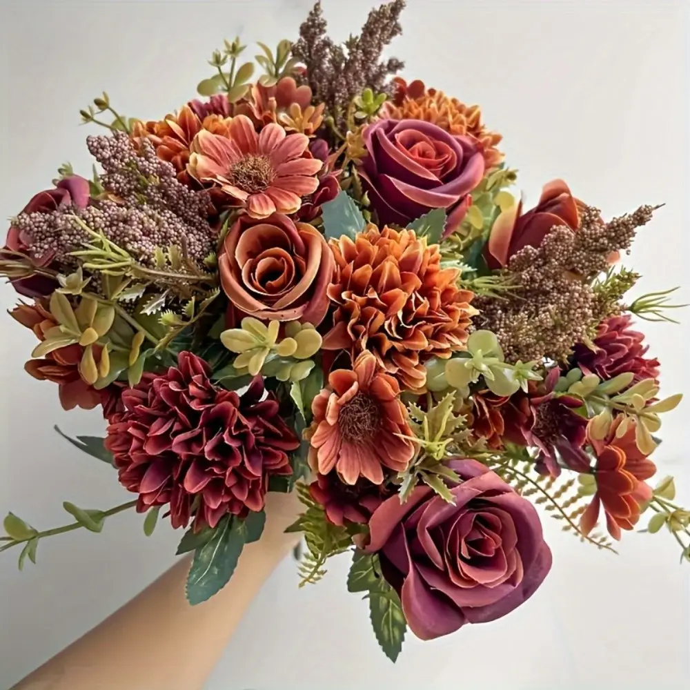 4-Piece Durable Plastic Fall Colors Artificial Flower Set - 12.2-inch Silk Mums, Chrysanthemum, Rose, Daisy Bouquets, All Seasons Faux Floral Ornaments for Home Balcony Indoor-Outdoor Planter, Autumn Wedding Decor -A