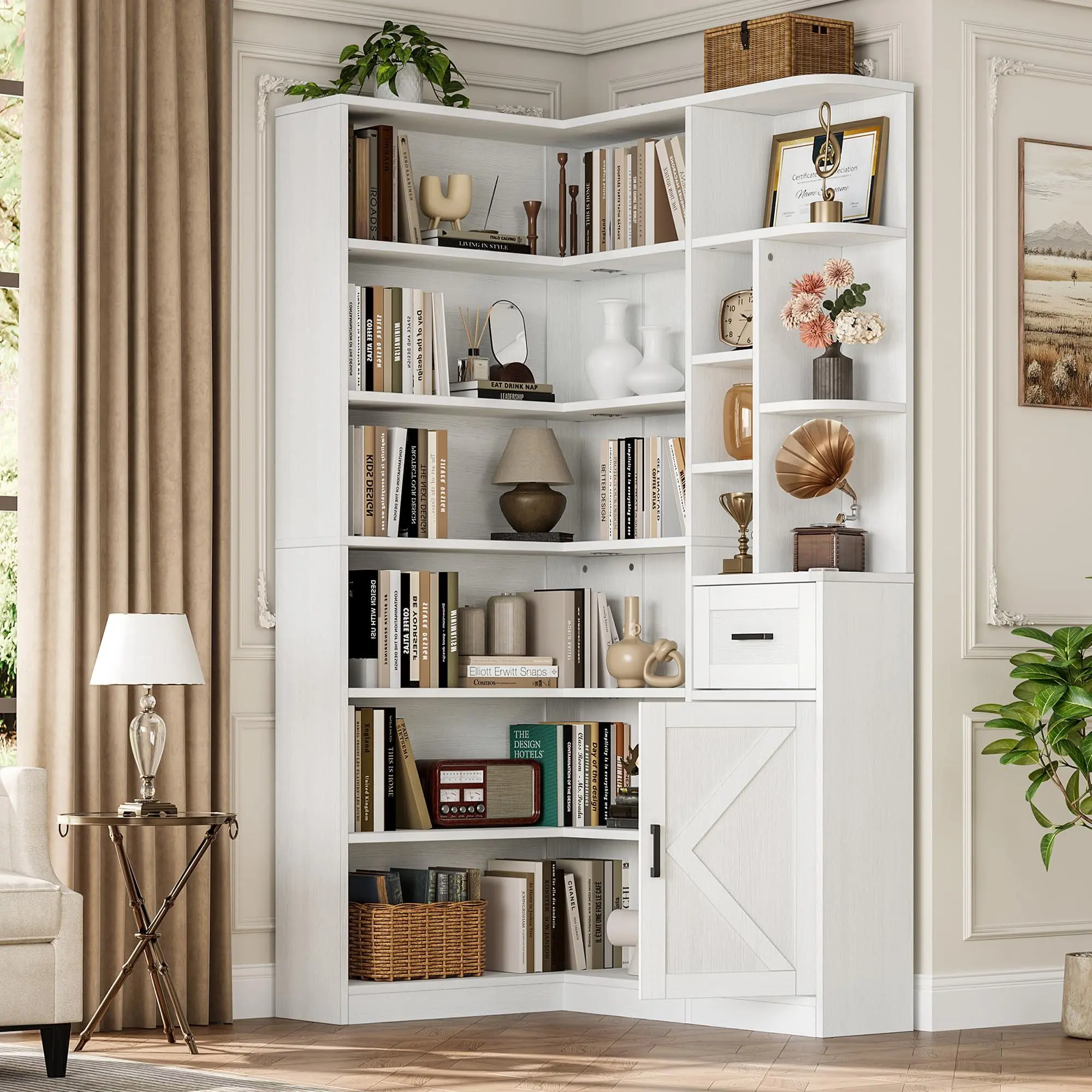 White 74'' Tall Corner Bookshelf - 6-Tier Book Shelf with Drawer and Cabinets, l-Shaped Bookcase Open Storage Shelves Modern Display Shelf for Home, Office