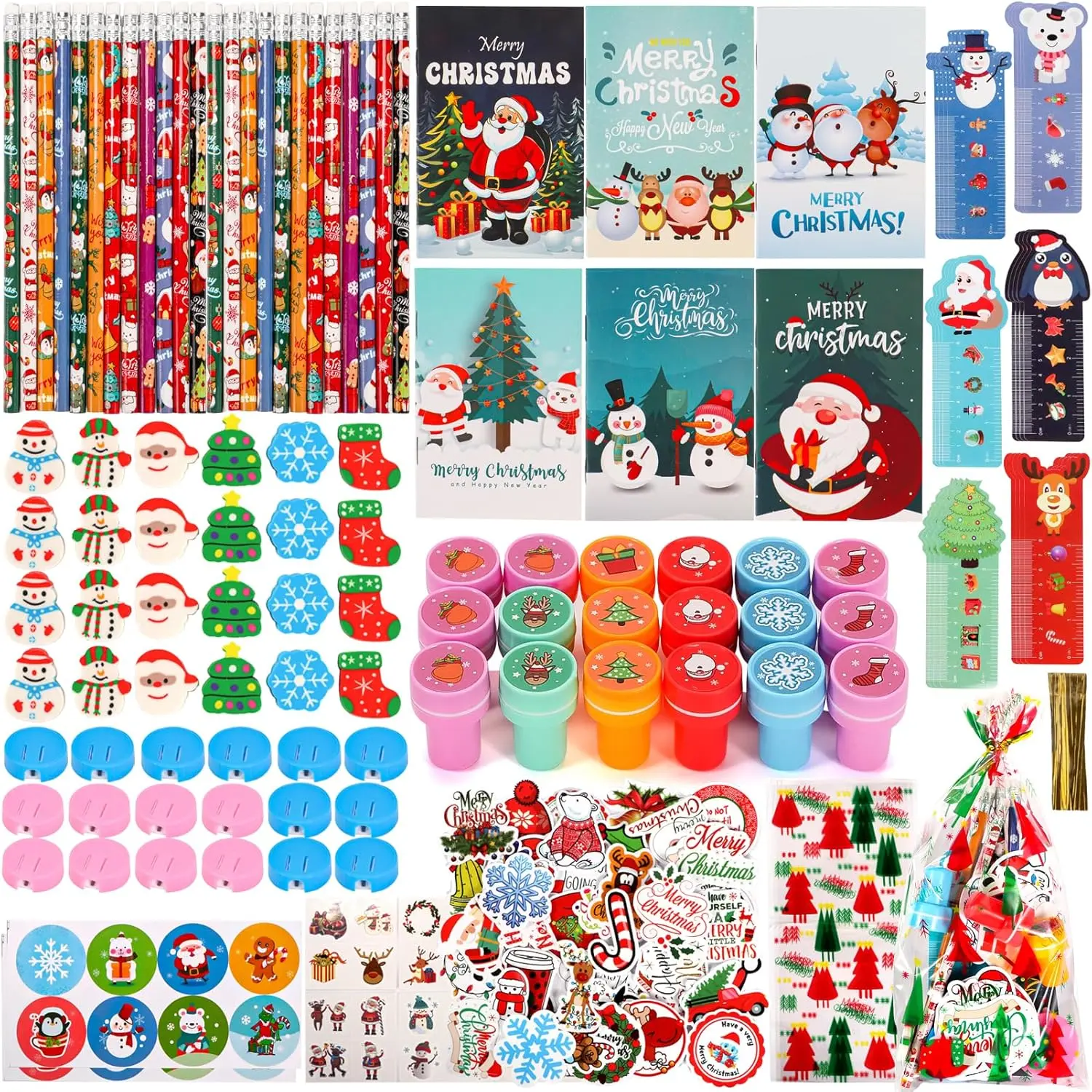 242-Piece Christmas Party Gift Set Christmas School Stationery Collection Christmas Classroom Reward Prizes Children's Notebook Stickers, Stamps, Rulers, Pencils, Sharpeners, Erasers Ideal as gift bag fillers