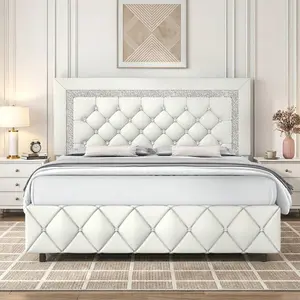 Twin/ Full/ Queen/ King Size Bed Frame, Upholstered Bed Frame With Diamond Headboard And Footboard, Pearl White/ Beige/ Black/ Grey/ Pink/ Purple/ Green