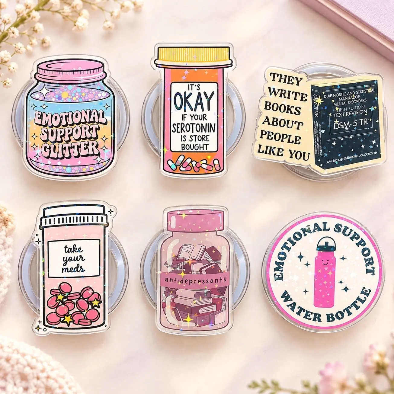 Mental Health Humor Holographic Star Phone Grip – Acrylic Phone Holder, Emotional Support & Book Lover Designs, Cute Pink Phone Accessory Gift