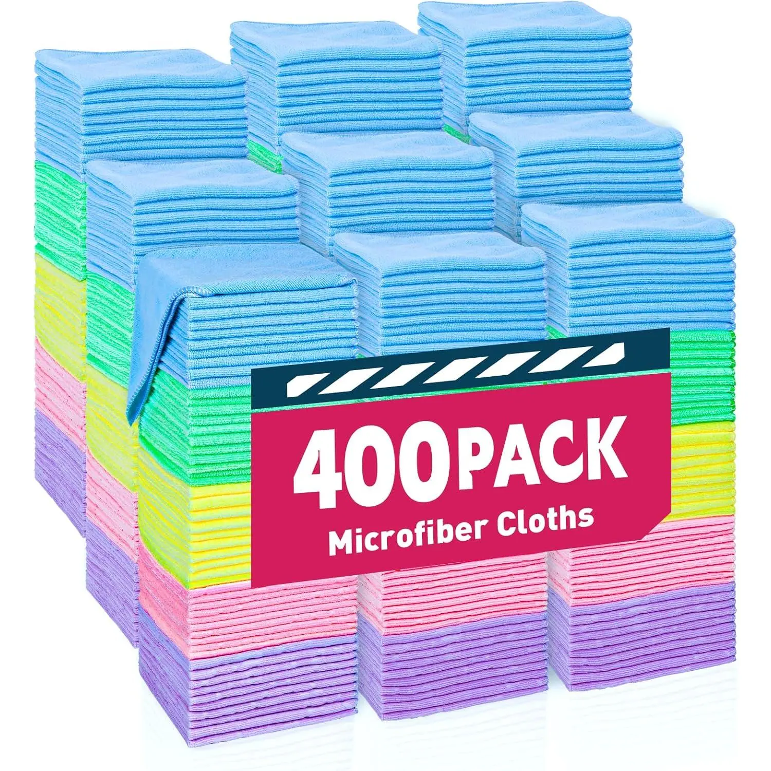 Microfiber Cleaning Cloths Bulk Set - 400 Pack Polyester Kitchen Household Products, Durable Easy Maintenance Supplies, Absorbent 5 Colors Assorted Rags (11.5x11.5 in)