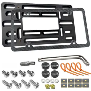Front License Plate Bracket- Universal Bumper Mounting Kit  Car Tag Holder Adapter& Carbon Fiber Cover Anti-theft Lock Screws Caps Nuts For Vehicle Trailer Truck