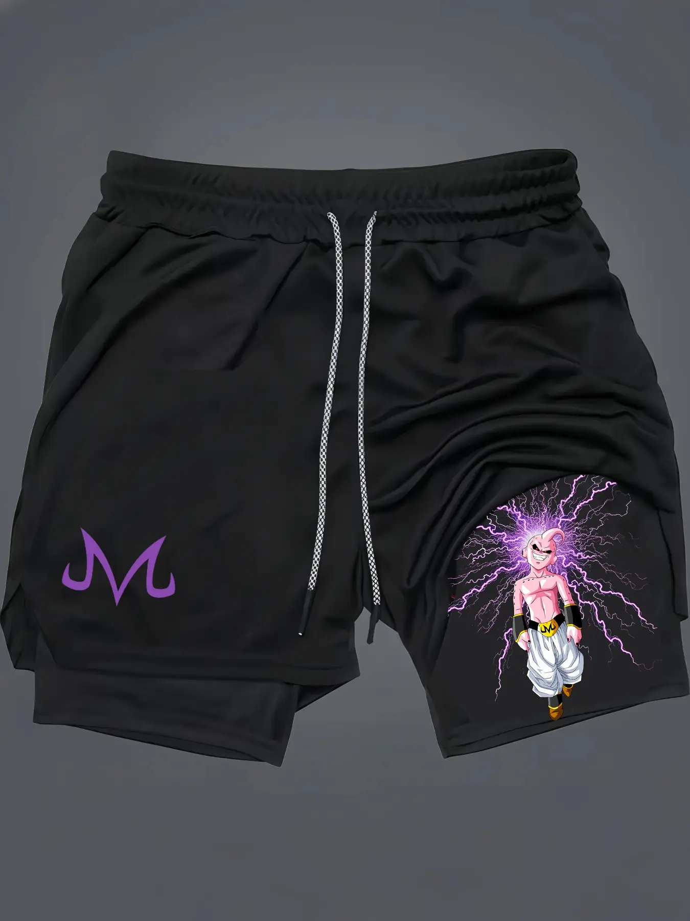 Dragon Ball Majin Buu Print 2-In-1 Drawstring Waist Shorts, Quick-Dry Swim Trunks, Loose Fit with Pockets, Ideal for Summer & Workout, Streetwear Sports Shorts, Swimming Shorts