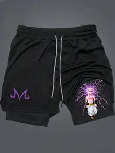 Dragon Ball Majin Buu Print 2-In-1 Drawstring Waist Shorts, Quick-Dry Swim Trunks, Loose Fit with Pockets, Ideal for Summer & Workout, Streetwear Sports Shorts