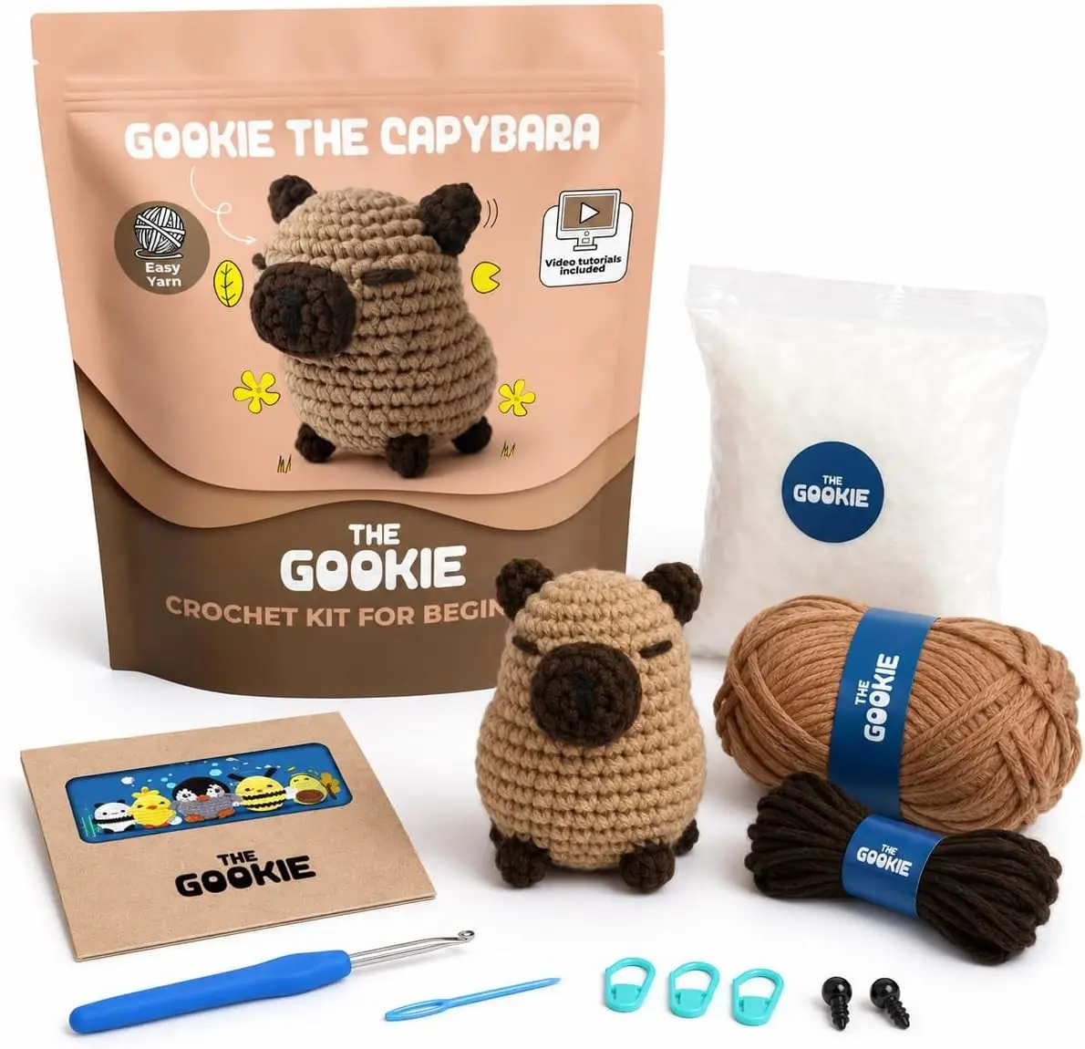 THE GOOKIE Crochet Kit for Beginners - All-in-One Amigurumi Kit with Yarn, Hook, Safety Eyes, Stuffing & Step-by-Step Tutorial for Adults & Teens (Capybara) Gift