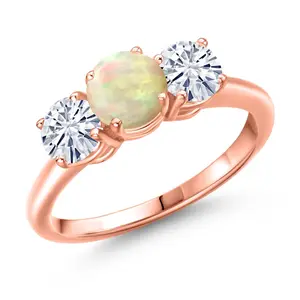 Gem Stone King 18K Rose Gold Plated Silver White Ethiopian Opal and White Moissanite Engagement Ring For Women | 1.56 Cttw | Round Cabochon 6MM | Gemstone October Birthstone