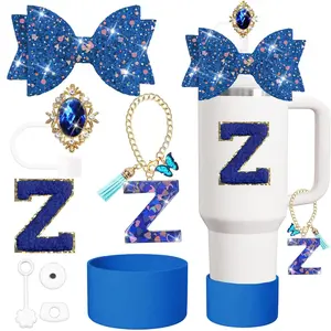 8PCS Stanley Cup Accessories Set Including Silicone Straw Topper Cover Cap and Boot,Spill Proof Stopper,Handle Charm,Sticker Lette(Dark blue Z)