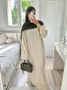 1Pc Beige Linen Blend Long Sleeve Abaya, Women Oversized Loose Maxi Dress, Minimalist Modest Wear For Daily & Casual Occasions
