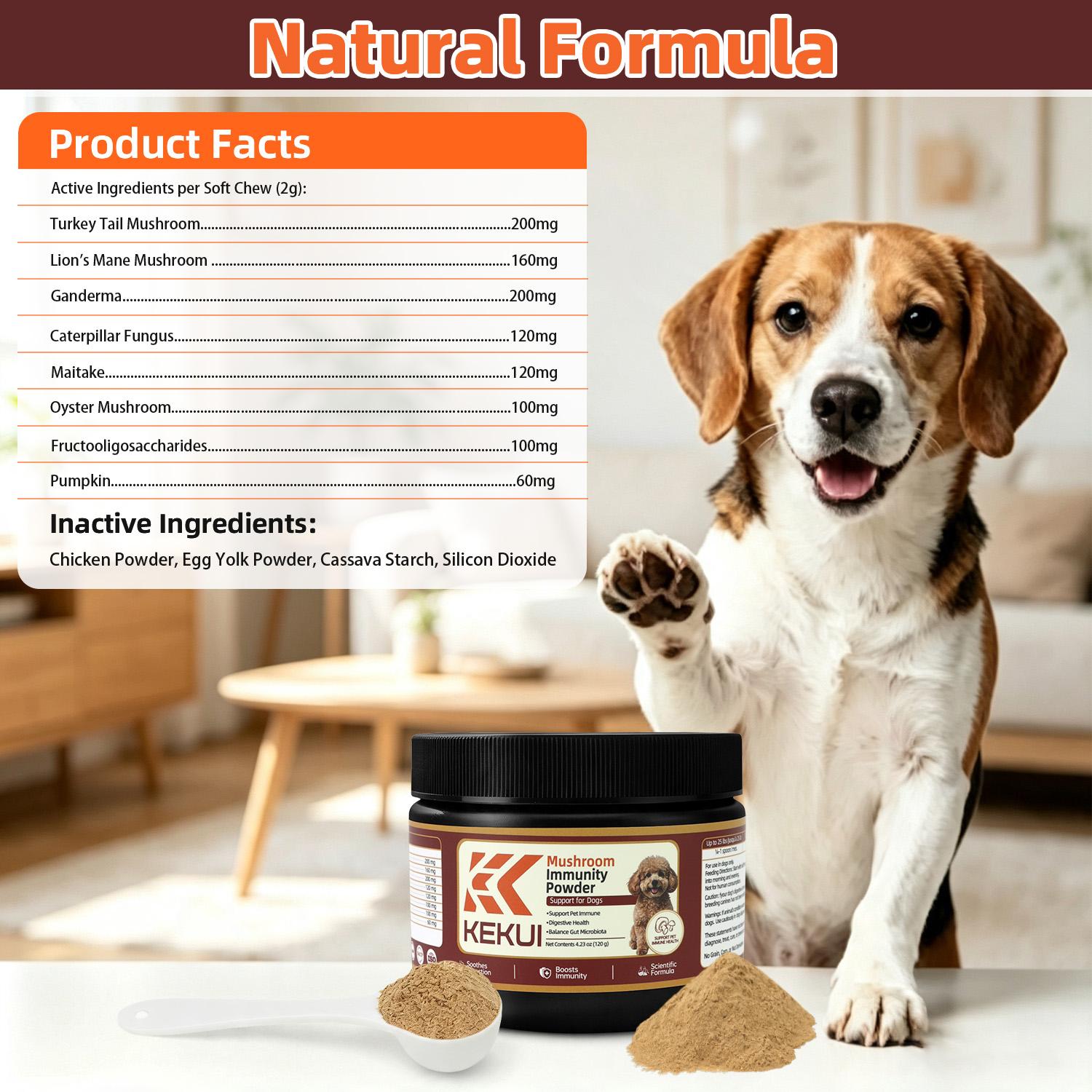 KEKUI Dog Immunity Mushroom Powder Supplement - 8-in-1 Premium Natural Mushroom Extract Complex, Gentle Long-Lasting Immune Boost, Easy-to-Mix for Daily Dog Meals (Powder Form)