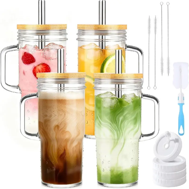 4 Pack 24oz Glass Cups with Handles, Iced Coffee Tumblers with Bamboo Lids & Stainless Steel Straws – Reusable Mason Jar Cups for Boba, Smoothies & Hot Drinks