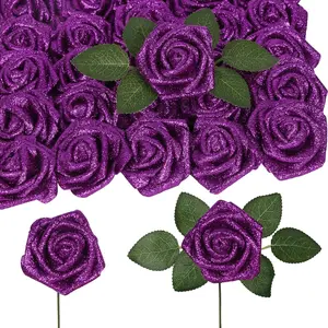 Foam Roses,50PCS Purple Glitter Roses Artificial Flowers 2.76" Fake Roses with Stem for Wedding Christmas DIY Wreath Home Table Floral Arrangement(Purple)