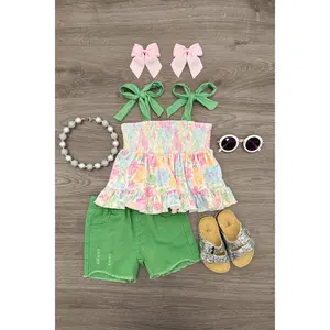 Floral Green Denim Short Set