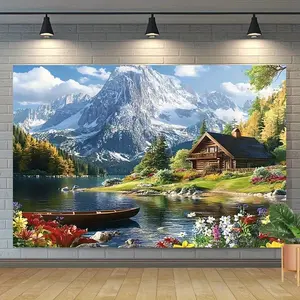 Mountain Cabin Lake Backdrop Scenic Nature Backdrop Snow Peak Forest Background Cloth Landscape Tapestry Wall Hanging Photography Background Polyester Fiber Home Wedding Party Garden Event Studio Decor Prop Wall