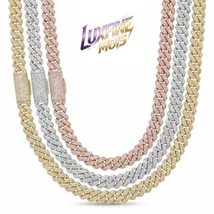 ①⑤LUXFINE MOIS 19mm Iced Out 2-rows Moissanite Cuban Link Necklace,14K Gold/Rose Gold/White Gold Plated Full Paved Hip Hop Necklace, Pass Diamond Tester for Men Women