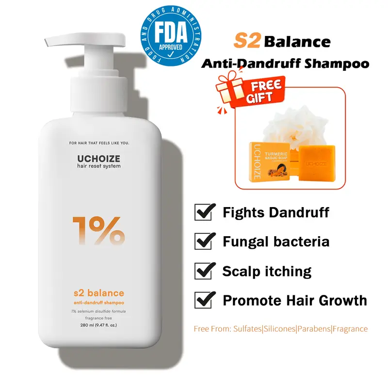 【Turmeric Soap Gift】UCHOIZE S2 Balance Anti-Dandruff Shampoo with 1% Selenium Disulfide Sulfate-Free, Fragrance-Free, No Preservatives or Dyes, for Flaky & Oily Scalp, Itchy Scalp Relief, Seborrheic Dermatitis-Prone, Daily Use for Men & Women, 280ml, Clea