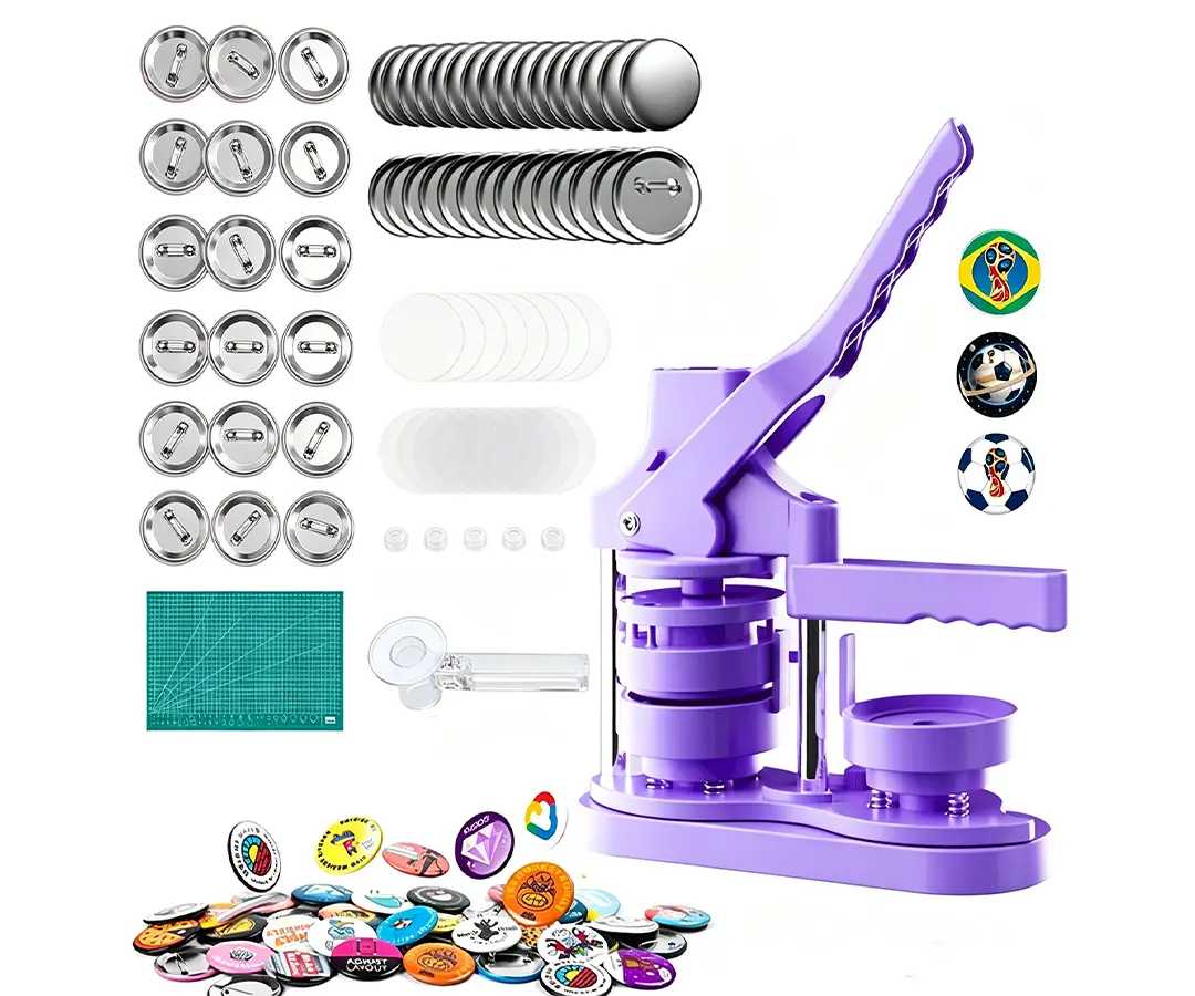 58mm Button Maker Machine Kit, Installation-Free Button Pin Maker with 100 Sets Supplies, Circle Cutter & Bonus DIY Accessories for Crafts, School Projects, Ideal for Home Decor DIY Gifts