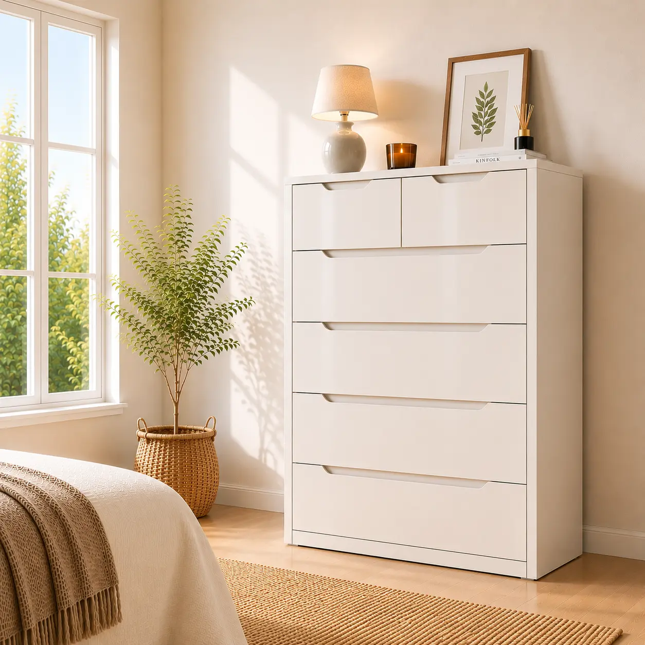 Homkdom Modern 6 Drawer Tall Wood Dresser, Luxury Chest of Drawers for Bedroom, Living Room, Large Storage Cabinet with Smooth Metal Rails, Aesthetic Room Decor, High-End Home Office Furniture, Vertical Clothing Organizer Tower, Easy Assembly