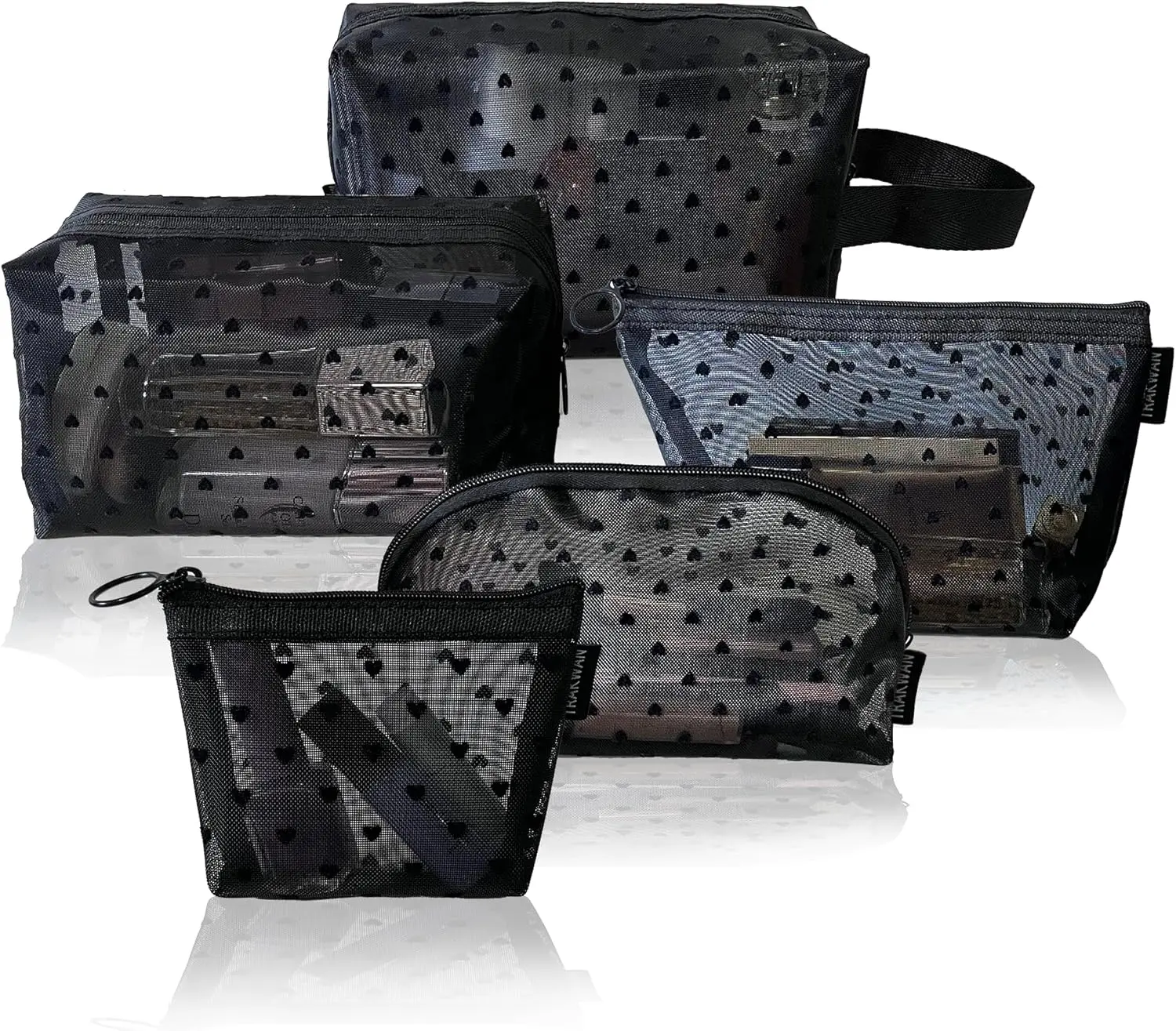 5 Pieces Heart Printed Mesh Makeup Bag Set – Portable Travel Mesh Cosmetic Bags, Toiletry Bags, Makeup Purse Bags with Zipper Storage Pouches for Home, Office, Travel Accessories (Black) – Includes 5 Assorted Sizes for Cosmetics, Toiletries, Jewelry