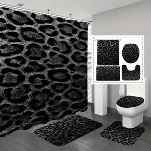 1/3/4pc Plush Leopard Print Bath Curtain Set, Waterproof Anti-Mold, Modern Bathroom Four-Piece Kit, Wall Mounted Straight Shower Rod, Bathroom Decoration Accessories