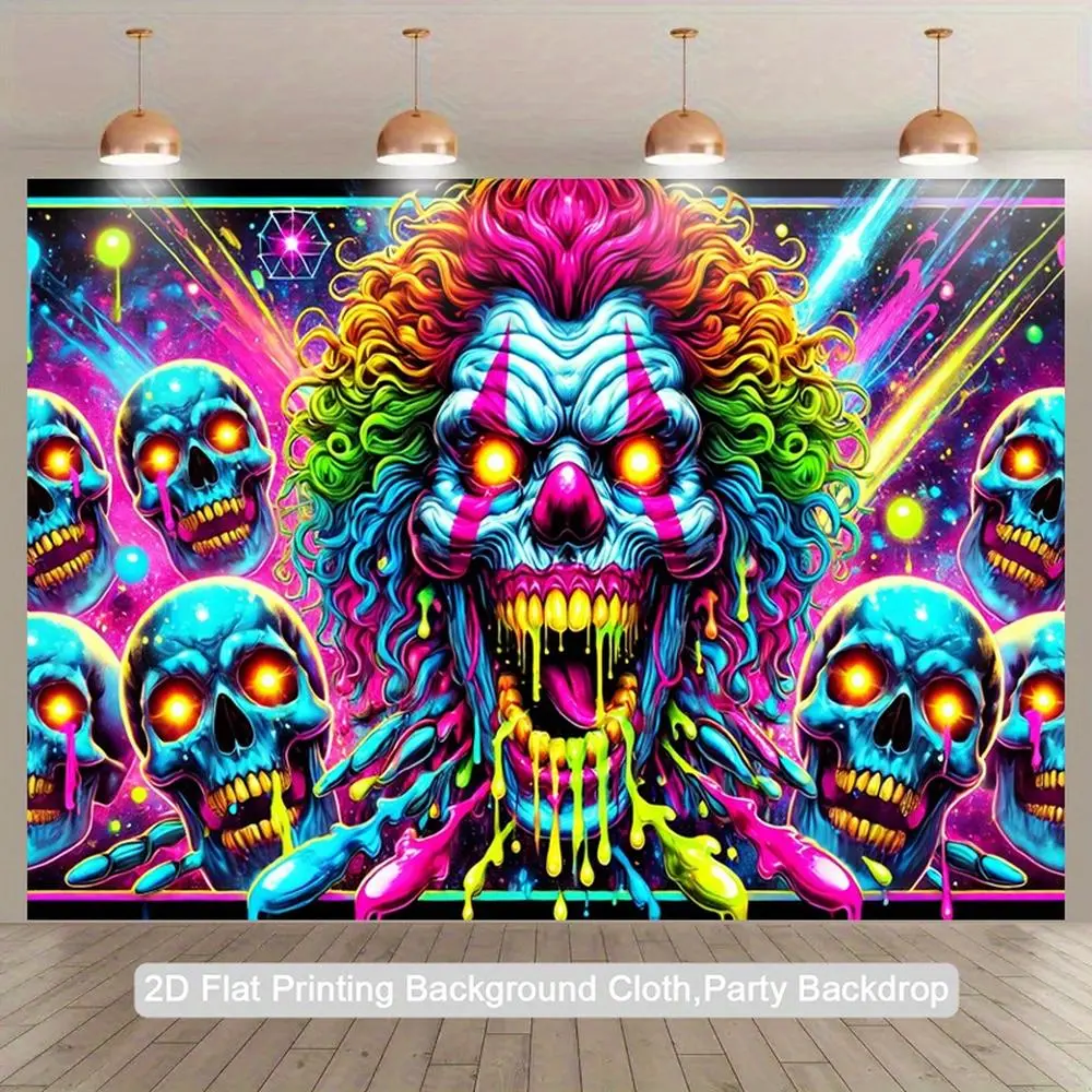 1pc 2D Flat Polyester Tapestry - Neon Glow-in-the-Dark Clown & Skulls Print, 80s Retro Psychedelic Backdrop, Durable Indoor/Outdoors Birthday Party Decor (Pink, Blue, Green, Yellow, Cyan)