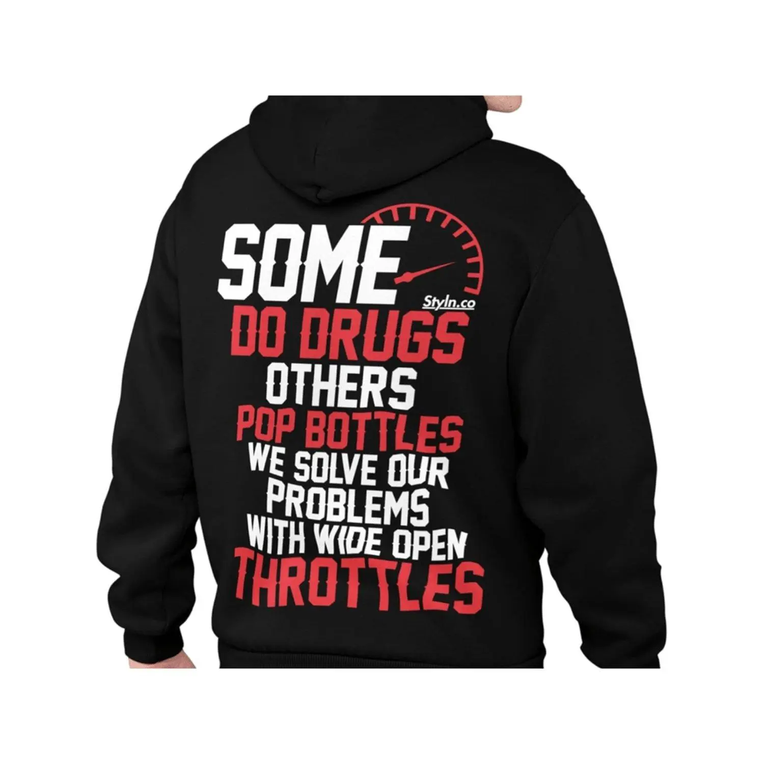 STYLN Hoodie Sweatshirt Long Sleeve for Car & Bike Enthusiasts Funny "Drugs Pop Bottles Throttles" Graphic Casual Loose Fit with Kangaroo Pocket Machine Washable Perfect for Couples