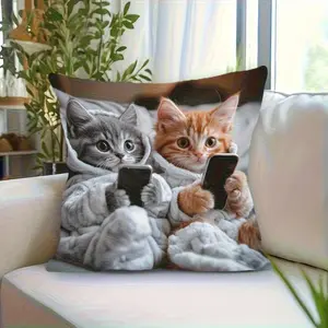1pc,Cute Pet Cat Pillow Cover, Soft, Zipper Closure, Polyester Material, Winter Home Decor, Multiple Sizes Available