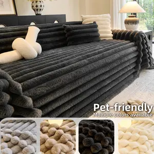 Solid color thick Plush Sofa Cover, Pet Friendly Anti Scratch Sofa Protector Mat, 1 PC Extra Soft stripe Couch Seat Pad, Cozy Warm Couch Cover, Sofa Couch Covers for Sectional Loveseat 3 Seater Living Room
