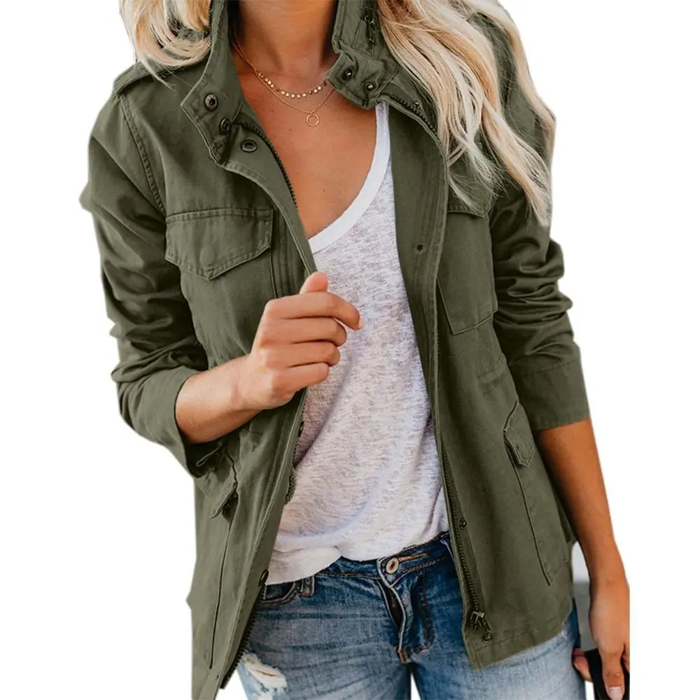 Lannew Womens Military Anorak Jacket Zip Up Snap Button Parka Safari Utility Coat Outwear with Pockets Tops Casual