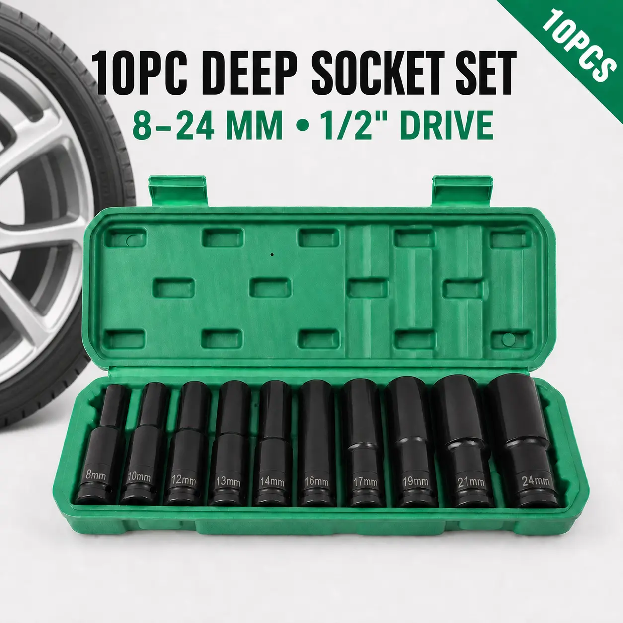 10-Piece 1/2" Drive Deep Metric Impact Socket Set (8-24mm), Heavy-Duty Steel Thin Wall Power Sleeve & Mechanics Tool Kit with Plastic Storage Case for Automotive Tire Repair double-head torx spanner quick opening easy change tool