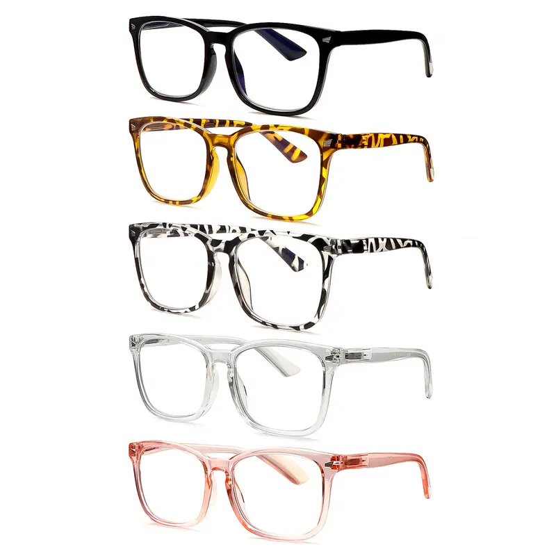 Unisex 5 Pack Blue Light Blocking Reading Glasses UV400 Spring Hinge Large Frame Clear Fashion Print for Women and Men Lightweight Comfort Mix Color