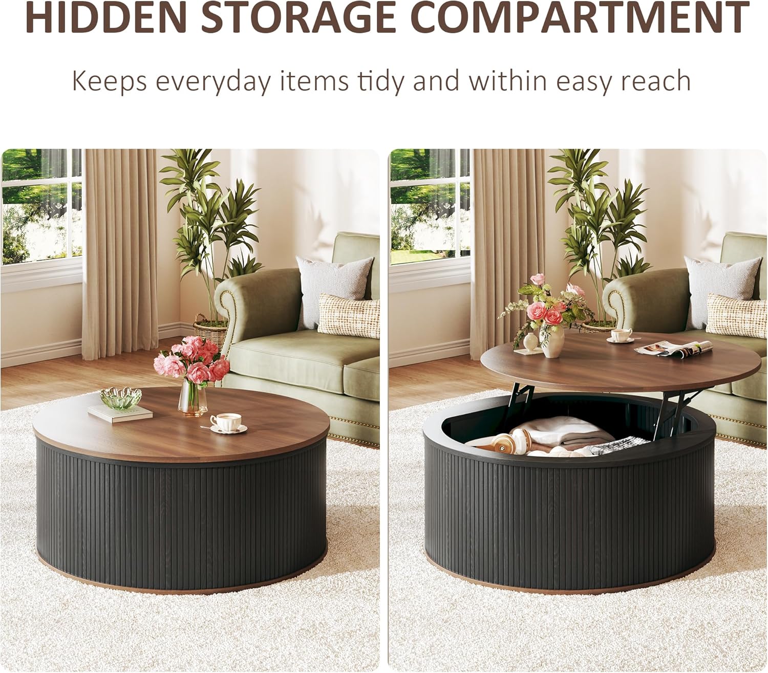 Round Coffee Table with Storage, 31.5" Lift Top Coffee Table, Mid Century Modern Coffee Tables for Living Room, Apartment Office, Fluted Table with Rustic Wood Desktop Round Coffee Table with Storage, 31.5" Lift Top Coffee Table, Mid Century Modern Coffee Tables for Living Room, Apartment Office, Fluted Table with Rustic Wood Desktop