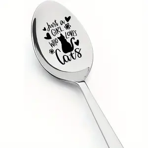 Cat & Letter Pattern Stainless Steel Spoon, 1/10/15/18pcs Coffee Dessert Spoon, Kitchen Utensils for Home Use, Gift for Cat Lover
