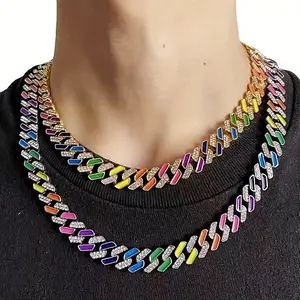 Diamond encrusted Hip hop Gold and Silver Two color Necklace Infused with Vibrant Rainbow Enamel Elements Can Be Worn Alone or Stacked with Different Lengths and A Variety of Wearing Scenarios