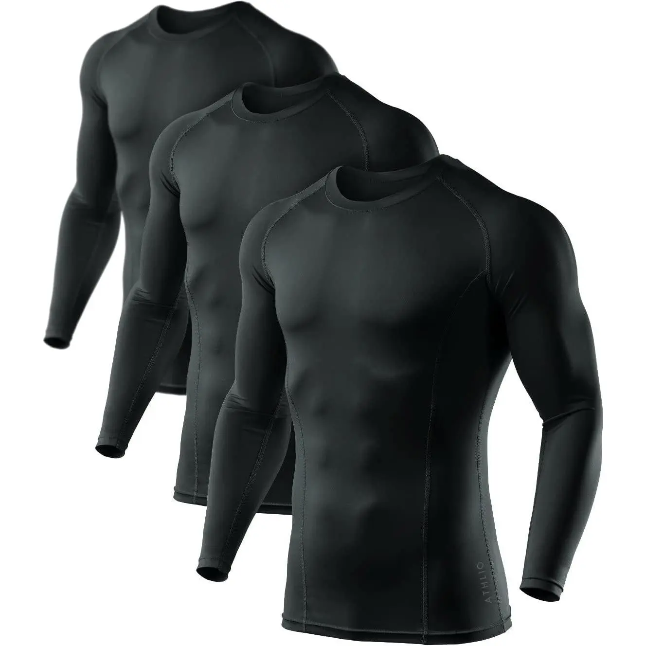 Men's 3-Pack Fitted Long Sleeve Compression Shirts - Elastic Fabric Polyester Blend, UPF 50+ UV Protection, Pull On, Reduces Heat & Moisture Build-Up, All-Seasons Athletic Base Layer for Water Sports, Workouts